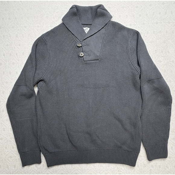 Duluth Trading Co Sweater Brigadier Shawl Collar Wool Blend Chunky Knit Blue Lg - Picture 1 of 11